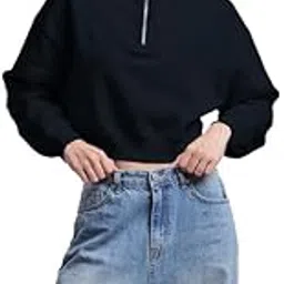 femmora Premium 100% Cotton Fleece Long Sleeve Solid Henley Crop LengthSweatshirt for Women | Knitted Pullover | Loose Fit | Front Zip | Dropped Shoulder – Casual Winter Wear –(Pack of 1)-picture-36