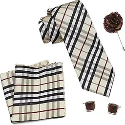 rizoro Mens Plaid Checkered Silk Necktie Tie Gift Set With Pocket Square, Cufflinks & Brooch Pin Formal Tie With Leatherite Box (BURRB, Free Size)-picture-20