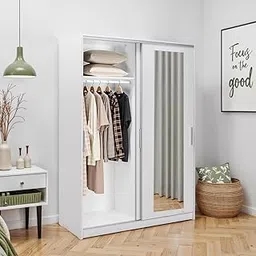 Grand furnish Modern Wardrobe with Mirror, 2 Doors, 5 Shelves, Engineered Wood, Full White-image-5