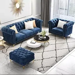 Chesterfield Sofa with 4 Seaters 3+1+ Puffy and Chaise Lounge, Living Room Couches, L-Shaped Couch with Storage Ottoman, Sectional Couch for Small Dining Room (Blue)-picture-20