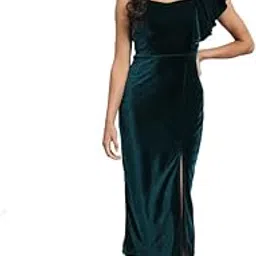 vaararo Party Dress for Women Bodycon with Front Slit | Shiny Velvet One Flared Sleeve Stylish Outfit-picture-42