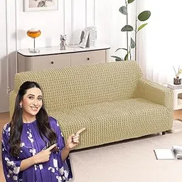 HOKIPO 'Aria Nova' Elastic 280 GSM Stretchable 3 Seater Bubble Sofa Cover, Beige (AR-6210-BGE)-picture-16