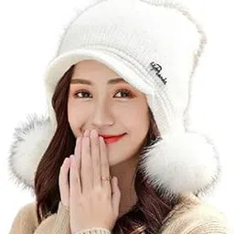 magic Winter Soft Warm Snow Proof Visor Pom Pom Cap (Inside Fur) Woolen Beanie Cap for Women's & Girl's (White)-picture-36