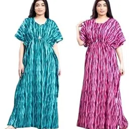Women's Printed Cotton Maxi Nightgown, Wave Pattern, Short Sleeves, Sky-Blue and Purple Pack of 2 image 1