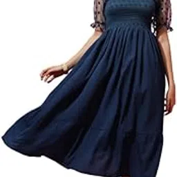 sheetal associates Women's Women's Solid Fit & Flare Midi Dress with Sheer Polka Dot Sleeves| Comfortable Relaxed Fit Summer Dress-picture-28