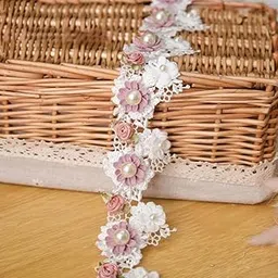 HASTHIP® 1 Yard Elegant Vintage Style Apricot Polyester Lace Flower Pearl Beads Ribbon Trim in 5.5 cm Width for Decorations-image-73