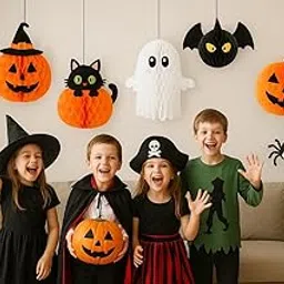 Atpata Funky 5pcs. Paper Honeycomb Cutouts – Ghost, Bat, Spider on Web, Black Cat on Pumpkin & Pumpkin with Witch Hat – Cute Halloween Party Essentials for Kids – Wall Decorations for Spooky Fun!-image-6