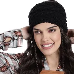 magic needles Headband Earwarmers for Winters | Handmade/Crocheted with Good Woolen Unisex Earwarmer Earmuffs Earcap Earcover Soft Headwrap Warm Winter Accessories (2598 Black Criss cross)-picture-45