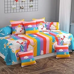 PNP Textiles Unicorn Diwanset 8 Pieces Diwan cot for Kids Room Made with Pure Microfiber Diwancover Set Includes One Single Bedsheet, 5 Cushions Covers and 2 Bolster Covers (Colour -Multicolour)-image-81