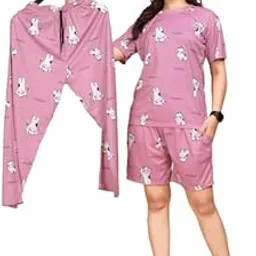 SALIMAR Enterprise 3 Pcs for Women Printed Co-Ords Set Night Suit and Night Dress T-Shirt Pyjama Combo-picture-21