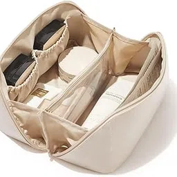 Larihk Retail Travel Makeup Bag,Large Capacity Cosmetic Bags for Women, Waterproof Portable Pouch Open Flat Toiletry Bag Make up Organizer with Divider and Handle, (Cream)-image-88
