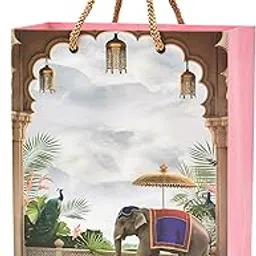 PPJ ® - PEACOCKS ELEPHANT (PINK) WEDDING (10 Pcs.) PAPER CARRY BAG, 10 Inch X 8 Inch X 4 Inch for WEDDING/DIWALI/FUNCTION/ENGAGEMENT/RETURN GIFTS/GIFTS Pack of 30) image 1