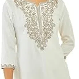 Womens Off White Rayon Paisley Embroidered A-Line Tunic with Vented Hemline-image-11