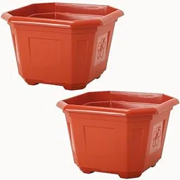 Hexagonal Terracotta Plastic Planter Pots | Indoor Outdoor with Floral Design| Brown (Pack of 2) (Large, 12, inch(ES))-picture-25