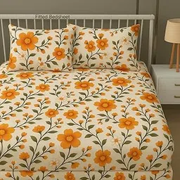 RUMPS 380 TC Premium Heavy Cotton 7D Print Fast Colour Feel Elastic Fitted Floral Bedsheet King Size with 2 Pillow Covers || Double Bed with All Around Elastic-image-88