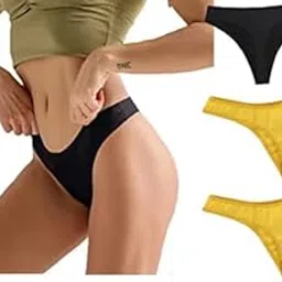 Women Cotton Comfortable Fabric Daily Use Regular Wear Mid Rise Thong Panty G-String Panties Pack of 3 - Black Yellow Yellow-picture-29