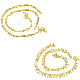 Traditional Simple ethnic 1 Gram Micro gold plated Foot Single Leg Chain Golden Anklets Ghungroo payal combo for girls women ladies bridal pajeb Payjeb Painjan Pattilu -ANKLET PAYAL-AME011-image-6