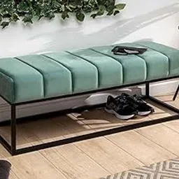NZORD Ottoman Pouffes, Tufted Sitting Puff, Cushioned Foam Seat for Home Living Room, PU Foam Seating Fancy Bench, Metal Legs and Fabric Bench - Light Green image 1