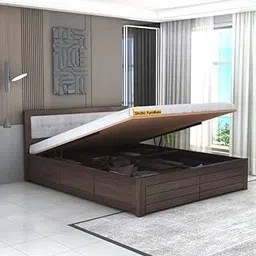 Strata Furniture Sheesham Wood King Size Bed with Hydraulic Storage and Cushion Headboard for Living Room Bedroom Home Wooden Double Bed Cot Palang Furniture (Walnut Finish)-picture-43