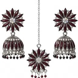 Traditional Red Flower Design Jhumka Earrings with Maang Tikka Set for Women & Girls | Ethnic Wedding Jewellery Set-picture-11