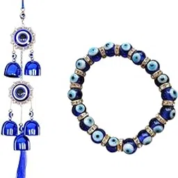 Evil Eye Wind Chime with 5 Bells & Stone Bracelet Combo | Blue Hanging & Glass Crystal Beaded Bracelet | Home Décor for Protection, Positive Energy & Bad Energy Removal |-picture-30