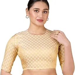 studio shringaar Women's Benaras Brocade Jewel Neck Readymade Saree Blouse-picture-47