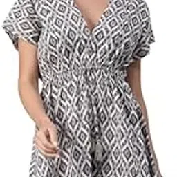 oxolloxo Floral Print Elasticated V-Neck Short Sleeve Women Beachwear Cotton Kaftan-picture-51
