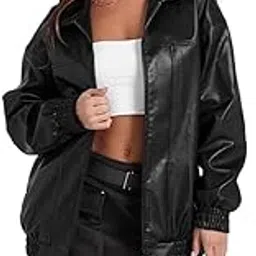 fizzoqi Women’s Oversized Faux Leather Bomber Jacket Zip-Up Winter Motorcycle-picture-49