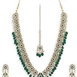 zaveri pearls Green Beads Antique Kundan Meenakari Bridal Necklace Earring & Maangtikka Set For Women-ZPFK19187-picture-23