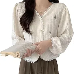 Women Korean Retro Style Floral Embroidered Button Down Lace V-Neck Long-Sleeve Crop Top Shirt for Girls DN65-image-62