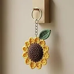 Handmade Crochet Sunflower Keychain – Cute Bag Charm & Key Ring Accessory (Yellow & Brown with Green Leaf) - Set of 1-picture-54