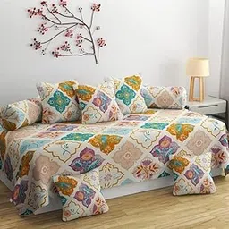Decozom Stylish Threads Heavy Cotton 8 Pieces Diwan Set ||1 Single Bedsheet, 2 Bolster Covers, 5 Cushion Covers || :- Diya Batti-picture-12