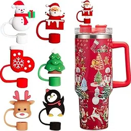 Massmot 6Pcs Christmas Cover Cap, Santa Claus Christmas Tree Cover, Reusable Soft Silicone Christmas Topper, Drinking Caps for 10mm Straws (Color 1)-picture-25