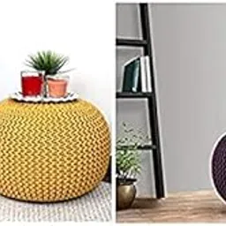 FR Creations Cotton Pouf Puffy for Living Room Sitting Round Ottoman Bean Filled Stool for Foot Rest - Hand Knitted Cable Style Dori Pouf (Yellow & Purple 35x35x50 Inches)-Pack of 2-image-72