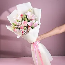 FlowerAura Premium Fresh Live Flower Bouquet of 4 Lily & 8 Pink Roses For Birthday Gift, Anniversary Gift, Wedding Gift, Rose Day Gift, Valentine's Day Gift, New Year Gift (Same Day Delivery)-picture-19