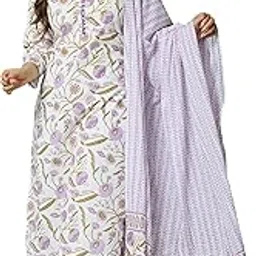 aradhika Women's Cotton Printed Kurta with Pant and Dupatta - (Purple White)-picture-43