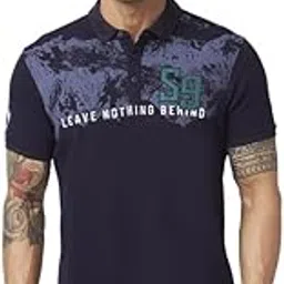 Men Navy Blue Blended Slim Fit Half Sleeve Polo Neck Printed Tshirt-image-0