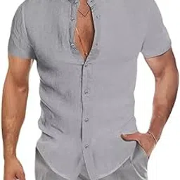 carl vinson Men Summer V Neck Linen Shirt with Stand Collar Short Sleeves and Buttoned Cardigan Design-picture-45