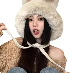 Women Winter Cat Ears Beanie Hat with Pompom Faux Fur Knitted Hat | Full Face Cover Super Soft Velvet Fur Woolen Skull Monkey Cap for Girls & Ladies-picture-43