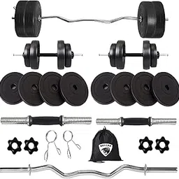 BULLAR Home Gym Set, 8kg to 20kg with 3 Feet Ez Curl Rod and 2 Dumbbell Rods, Gym Combo, and Home Workout Equipments with PVC Weights Plates, Gym Bag (10KG) image 1