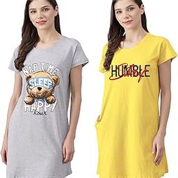 fflirtygo Women’s Cotton Nighty | Printed Knee Length Night Gown |Relaxed Fit Nightwear |Short Nightdress| Long T-Shirt | Sleepwear & Casual Wear Nighty (Pack of 2)-picture-3