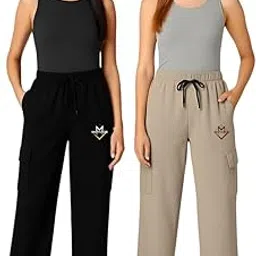 motards Women|s Track Pants Combo | Wide Leg High-Waist Trousers with 4 Pockets |(Beige & Black, Pack of 2)|Women-Bottom-BLK-BEI image 1