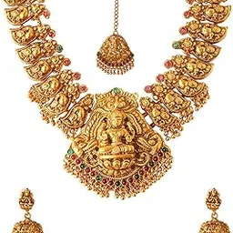 yellow chimes Jewellery Set for Women Gold Plated Traditional Temple Jewelry Set Antique Necklace Set with Earrings and Maangtikka for Women and Girls-picture-10