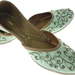 fulkari Women Stevia Pista Gold Genuine Soft Leather Embroidered Jutis | Bite and Pinch Free Jutti | Punjabi Formal Juttis | Girl's Wedding Flat Ladies Mojari | Formal Ethnic Juti |-picture-11