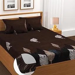 BLUEDOT Cotton Double Bedsheet Set with 2 Pillow Covers, Feather Design, Brown, Elastic Fitted, 183x198 cm-picture-11