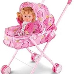 PamPam Kids Toy Baby Doll Stroller, Folding Baby Stroller for Toddlers, Dolls Accessories Set, Children Cart, Foldable Frame, Pink-image-38
