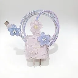 Cute Cartoon Charging Adapter and Cable Set – 18W/20W 3D USB Fast Charger with Decorative Cord Protector, Fast Charging Cable Compatible for iPhone Models(Flower)-image-3