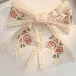 CHARMISH Large Lace Hair Bow Clip for Girls and Women, Floral Embroidered Hair Accessory with Pink Roses, Cream White Elegant Style-picture-39