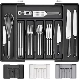 Surinka Silverware Drawer Organizer, Expandable Utensil Tray for Kitchen, BPA Free Flatware and Cutlery Holder, Adjustable Plastic Storage for Spoons Forks Knives, Large (Black-02)-picture-20