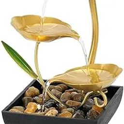 Shrux Metal Lotus Leaf 3-Layer Water Fountain for Home & Office Interior Decoration | Golden Color and Black Stand with Natural River Stone Table Top Fountain, House Warming Gift Ornaments-picture-32